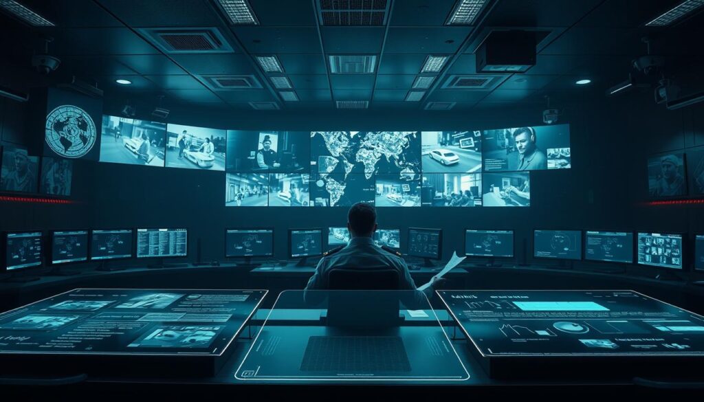 A dimly lit security control room, with a large central desk and multiple monitors displaying real-time surveillance footage. In the foreground, a security officer clad in a uniform sits at the desk, studying a legal document intently. The middle ground features a set of holographic displays, projecting detailed information about security protocols and legal compliance. In the background, a series of high-tech security cameras and sensors line the walls, casting a soft glow over the scene. The overall atmosphere is one of vigilance, efficiency, and a commitment to upholding the law.