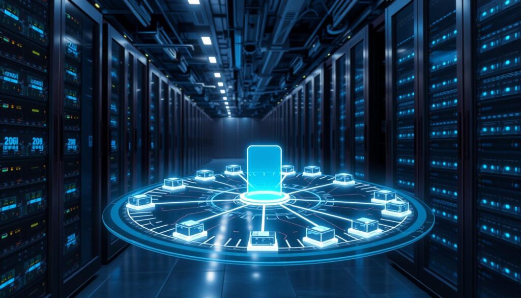 A futuristic data center with rows of server racks, glowing blue indicator lights, and sleek cooling systems. In the foreground, a security terminal with a holographic display showcasing a secure IPTV content delivery network. The network's architecture is visualized as a complex web of interconnected nodes, protected by firewalls and encryption protocols. The lighting is dramatic, with shadows and highlights accentuating the technological prowess. The overall atmosphere conveys a sense of cutting-edge security and reliable content distribution for IPTV services.