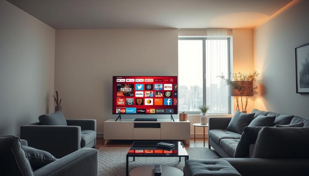 A living room interior with a modern smart TV displaying a vibrant IPTV interface. The TV is positioned prominently in the foreground, surrounded by minimalist furniture and decor. Soft, warm lighting illuminates the scene, creating a cozy atmosphere. The middle ground features a side table with a remote control, hinting at the seamless user experience. The background showcases a large window, allowing natural daylight to filter in and complement the artificial lighting. The overall composition conveys the ease and convenience of accessing a wide range of IPTV channels on a smart TV.