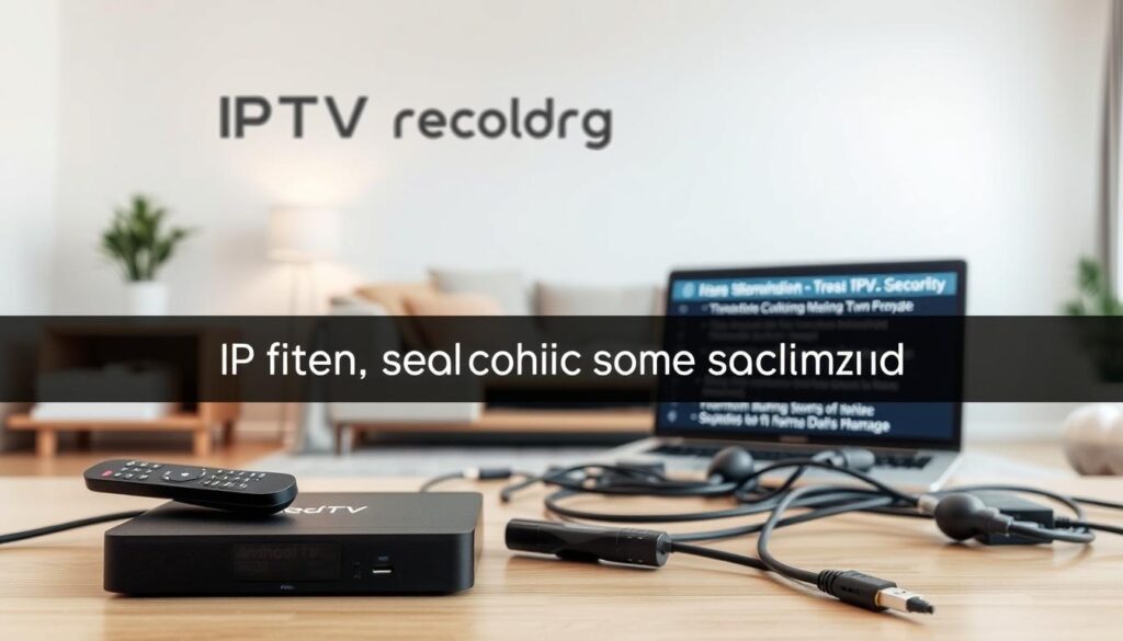 A modern living room setup with an Android TV box, laptop, and various cables, showcasing the challenges and solutions for IPTV recording. The foreground features an Android TV box, remote control, and a laptop displaying a troubleshooting guide. The middle ground includes common IPTV recording issues like connectivity problems, file format incompatibility, and storage limitations. The background depicts a minimalist, well-lit interior with natural lighting, suggesting a cozy and organized home environment. The overall mood is one of problem-solving, with a focus on finding practical solutions for IPTV recording on an Android platform.