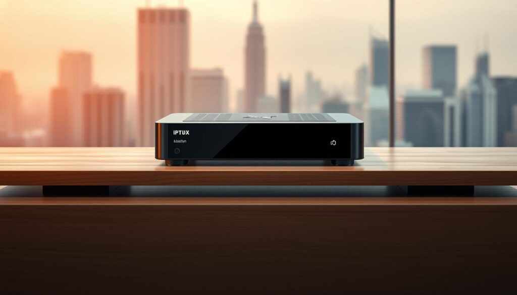 A sleek and modern IPTV box sitting atop a minimalist wooden table, showcasing its clean lines and intuitive interface. The box is rendered in a warm, soft lighting, with a subtle reflection on the table surface. In the background, a blurred cityscape with towering skyscrapers creates a sense of urban sophistication. The overall composition conveys a professional, high-tech atmosphere, reflecting the advanced features and capabilities of the IPTV box.