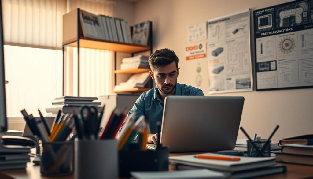 An indoor office setting with a person sitting at a desk, focused on a laptop screen. The lighting is soft and warm, creating a contemplative atmosphere. In the foreground, various office supplies are neatly arranged, hinting at the person's methodical approach to problem-solving. The middle ground features a bookshelf with technical manuals and troubleshooting guides, suggesting the individual's resourcefulness. The background depicts a wall display with various schematics and diagrams, providing a visual reference for the technical nature of the task at hand. The overall composition conveys a sense of determination and problem-solving in the face of technical challenges.